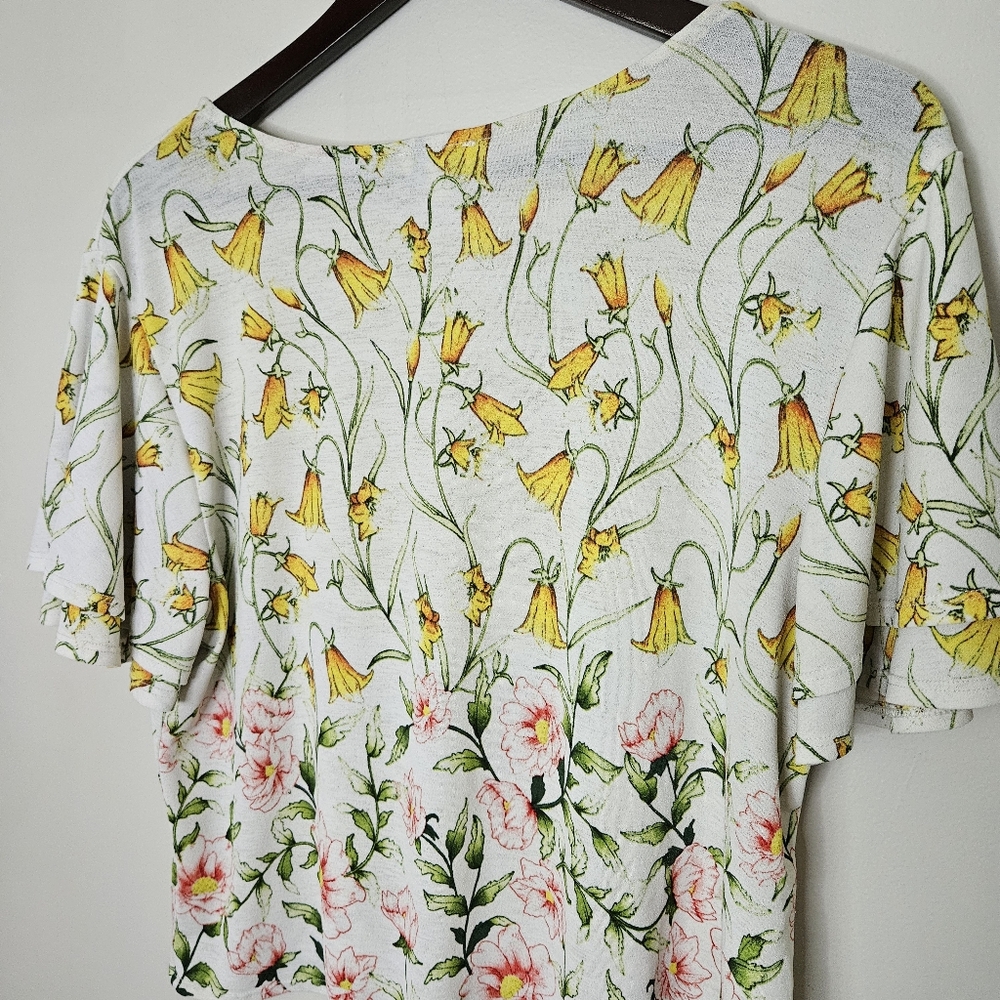 Lily White Blouse Floral Print Top Yellow Pink Green V-Neck Tie Front Casual - Picture 5 of 8